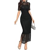 Floerns Women's Contrast Lace Mock Neck Pencil Dress Mesh Short Sleeve Slit Midi Dresses