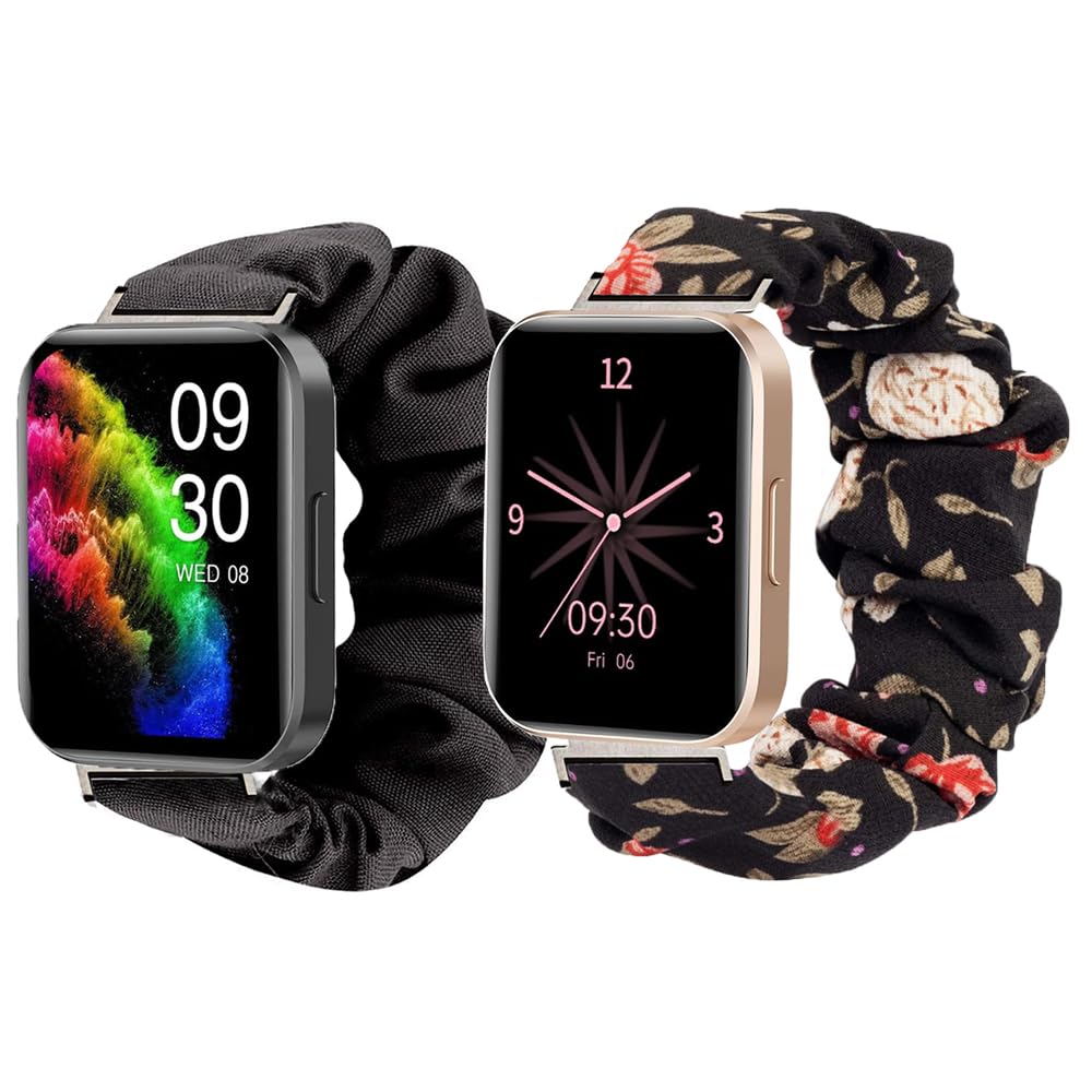 Blueshaweu Compatible with RUIMEN Smart Watches Bands, 22mm Fabric Elastic Scrunchie Elastic Watch Band Women Cute Replacement Straps Compatible with RUIMEN D1 /H1 Smart Watches (Black+Black Flower)