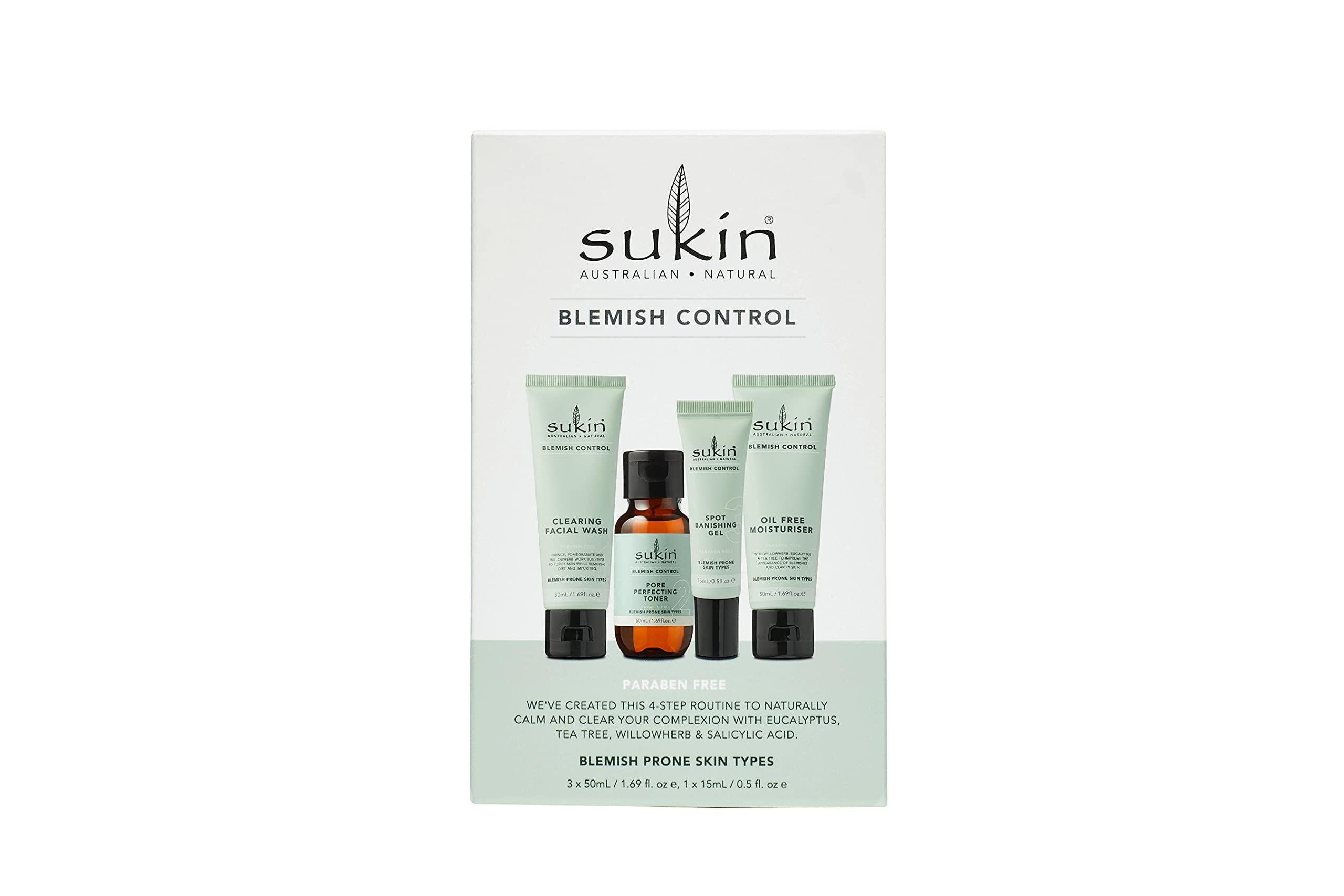 Sukin Blemish Control Set (4 products for better value) - with eucalyptus, tea tree & salicylic acid; cruelty free & vegan friendly - calms and clears the complexion, for acne prone & blemished skin.