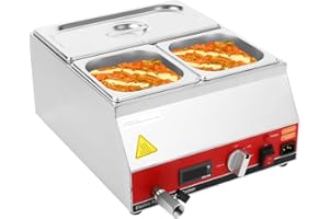 Restlrious 16.5 QT Commercial Buffet Bain Food Warmer 1x1/3 and 2x1/6, 3-Pan Electric Stainless Steel Temp Control Soup Warmer with Lids and Tap for Parties, Catering, Restaurants, 110V/1000W