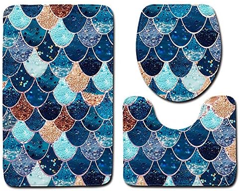 Toilet mats Set Fiaya 3Pcs /4PCS Fish Scale 3D Multicolor Polyester Bathroom Set Rug Contour Mat+Toilet Lid Cover +Plan Solid Color Bath Mats +Shower Curtain (3PCS, Dark Blue J01)