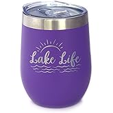 Bevvee Lake Life - Wine Tumbler with Sliding Lid - Stemless Stainless Steel Insulated Cup - Cute Outdoor Camping Mug - Purple