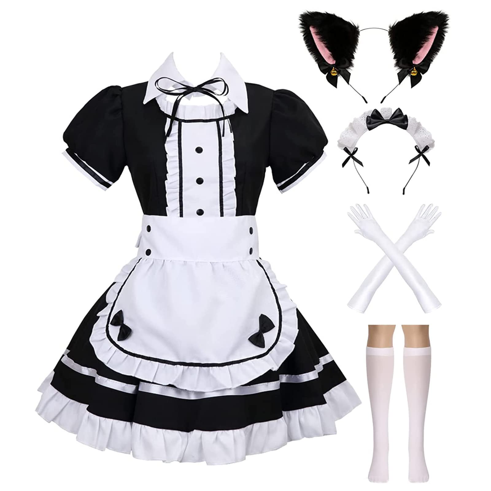 maxToonrain Maid Costume Accessories,Women's Fancy Dress Anime Halloween Cosplay Party Cute Lolita French Apron+Cat Ear Maid Outfit Set for Womens Girls(Black 7pcs,S) — image 1