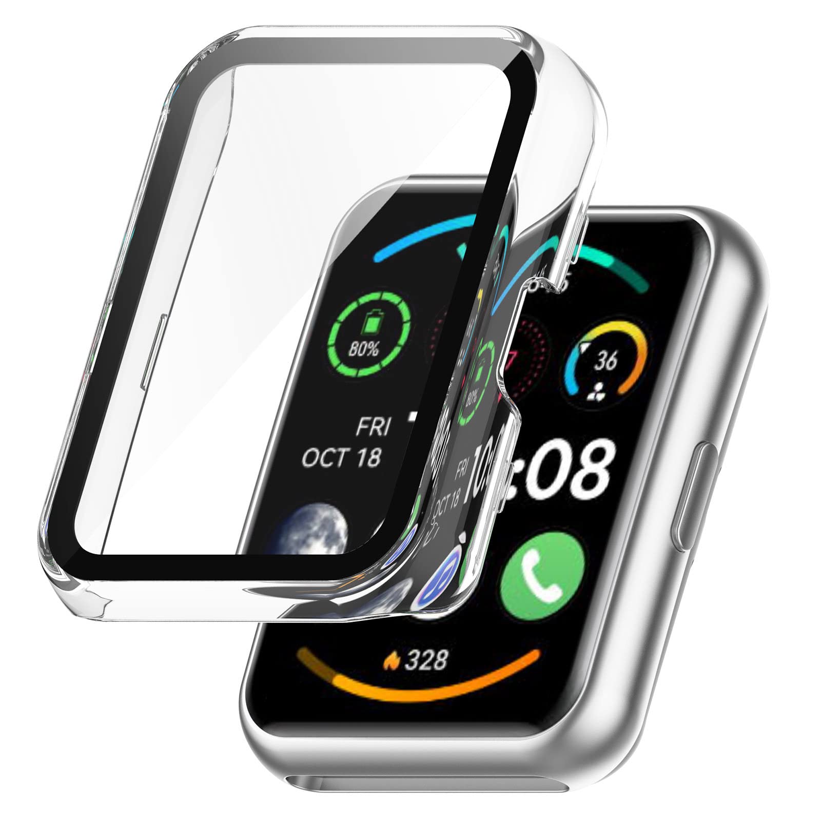 GIOPUEY Case Compatible with Huawei Watch FIT 2, Glass Protective Film + Hard Plastic Bezel, 360° All-round Protection, Huawei Watch FIT 2 Cover - Transparent