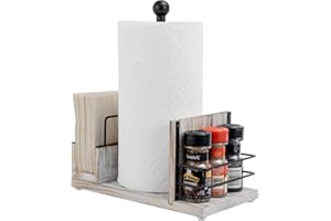 MyGift All-in-One Paper Towel Holder Kitchen Caddy, Shabby Chic Whitewashed Solid Wood and Industrial Matte Black Metal Dining Combo Rack with Paper Towel Dispenser, Napkin Holder, and Spice Rack