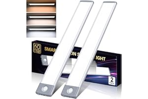 HIBOITEC 60 LED Under Cabinet Lighting 2 Packs, Stepless Dimming Motion Sensor Light Indoor, 3 Color Tempera Wireless Closet Lights, 2500mAh Rechargeable Battery Operated Light for Kitchen, Hallway, Stair