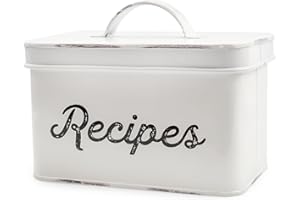 AuldHome Rustic White Recipe Box; Enamel Farmhouse Recipe Holder and Organizer for 4 x 6 Inch Recipe Cards