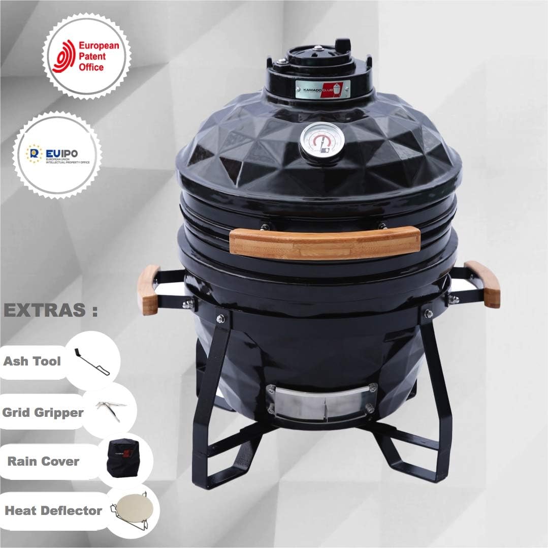 Kamado Club Junior 15" Garden/Kitchen Grill, Smoker, Pizza Oven, Diamond Cut shape,Black