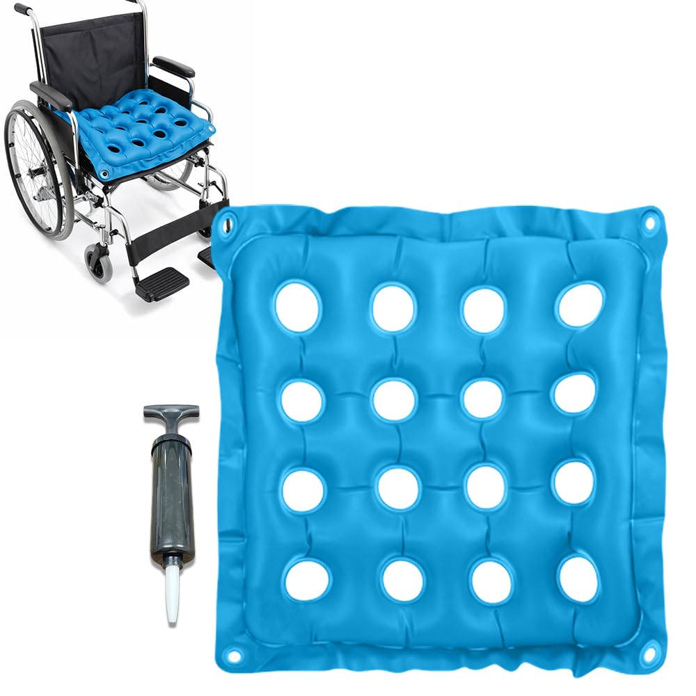 EDWERD Inflatable Seat Cushion for Wheelchair, Anti-Bedsore Seat Pad for Bedridden Elderly Disabled, Shower Chair Sitting Pain Relif with 1 Air Pump, 16.5" x 16.5" (Blue)