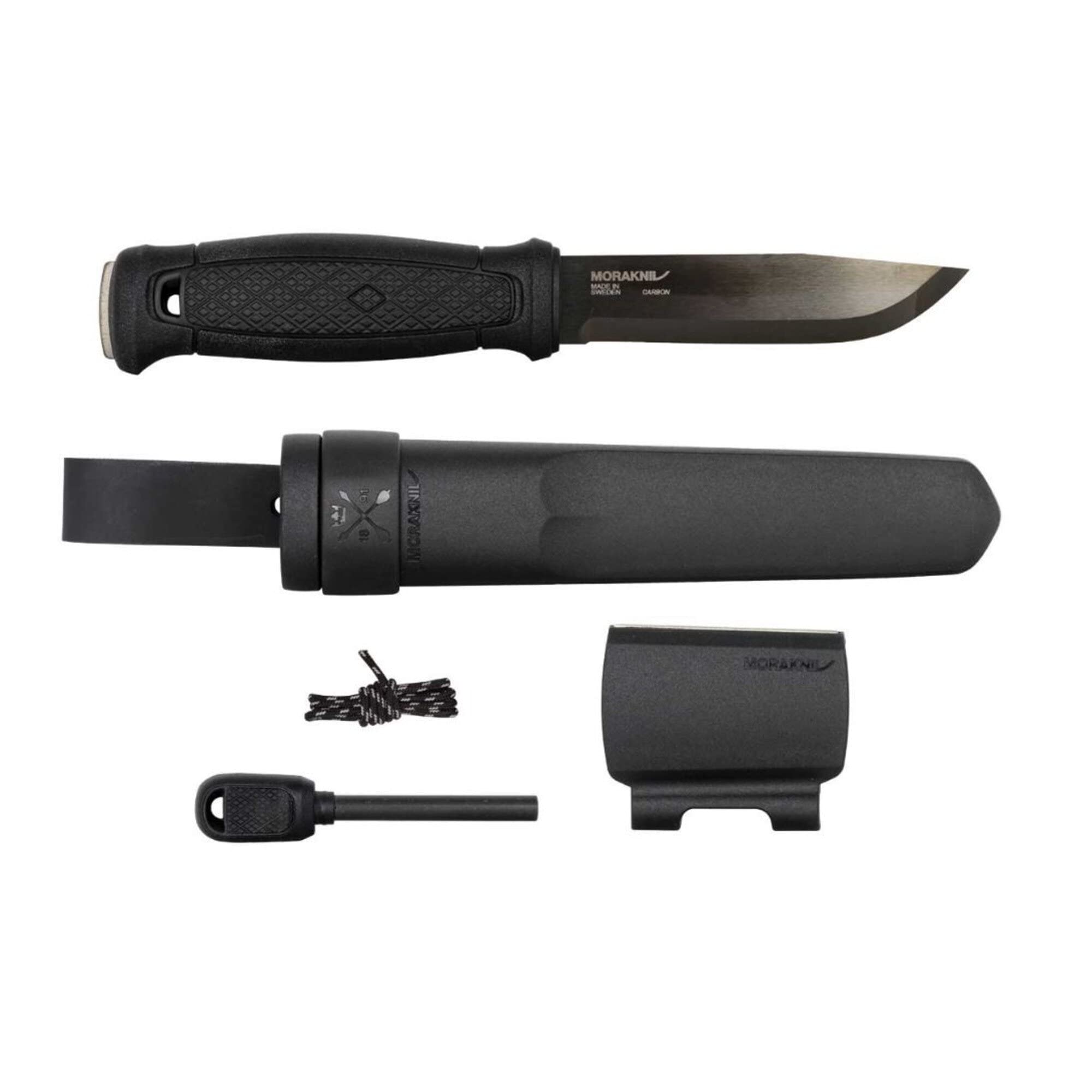 Morakniv Garberg Cuchillo de hoja fija de espiga completa con hoja de acero al carbono con kit de supervivencia, negro, 4,3 pulgadas