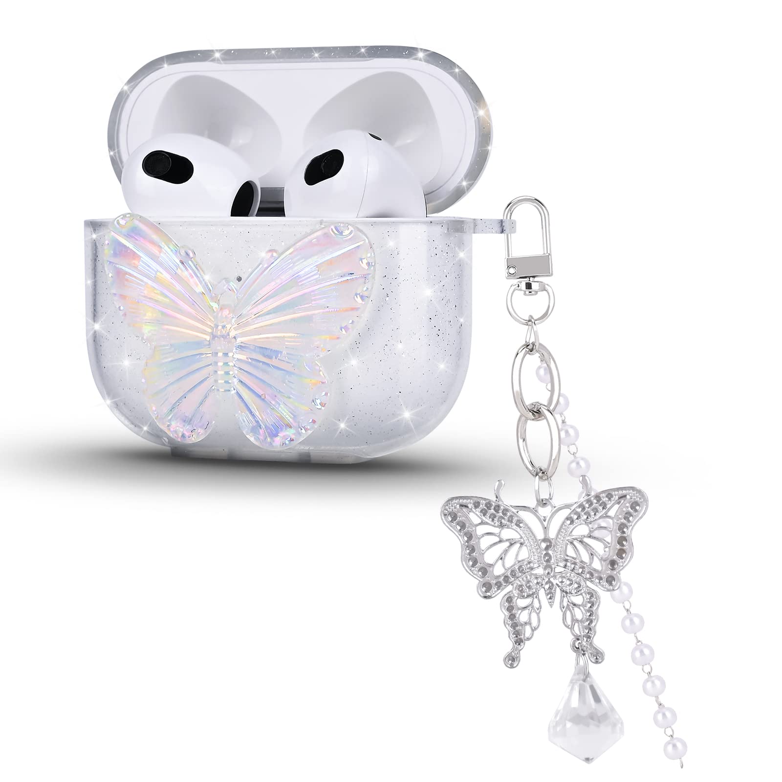 DiyGody Case Compatible for Airpods 3 Generation 2021 with Butterfly Keychain, Transparent Cover with 3D Glittery Butterfly Design for Girls, Protective Case in Shockproof Anti-scratch Anti-slip TPU