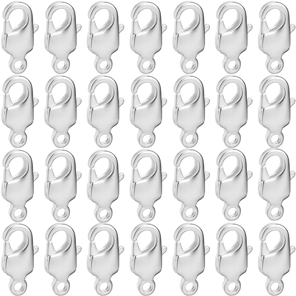 Beebeecraft 1 Box 30Pcs Lobster Claw Clasps 925 Sterling Silver Plated Necklace Clasps and Closures Metal End Connectors for DIY Jewelry Making