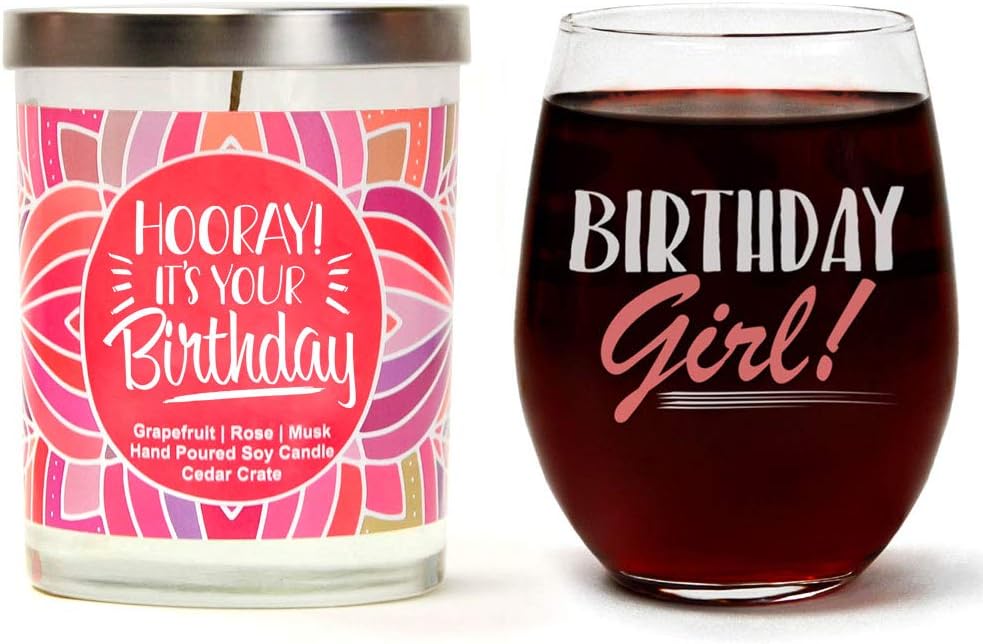 Birthday Girl Birthday Gift Set | Cute Stemless 15 oz Wine Glass | Hooray It's Your Birthday Luxury Scented 10 oz Soy Candle | Grapefruit, Rose, Musk | Happy Birthday Gifts for Women | Gift Box