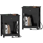 Treocho Black End Table Set of 2,Nightstand with Charging Station, X-Design Side Table with 2 AC and USB Power Outlets, Small Night Stand with Storage Drawer and Open Shelf for Living Room