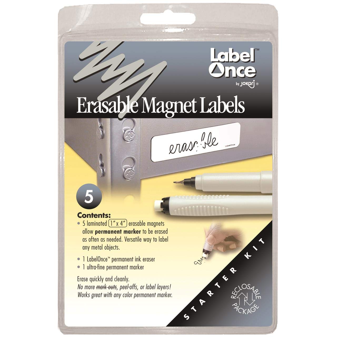 JOKARI 48044 - Erasable Magnetic Labels - Starter Kit with 5 Labels, Eraser and Pen - 2.5x10cm - White
