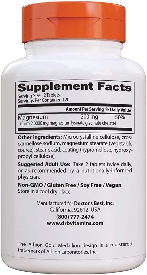 Doctor's Best High Absorption Magnesium Glycinate Lysinate, 100% Chelated, TRACCS, Not Buffered, Headaches, Sleep, Energy, Leg Cramps, Non-GMO, Vegan, Gluten Free, Soy Free, 100 mg, 240 Tablets: Health & Personal Care