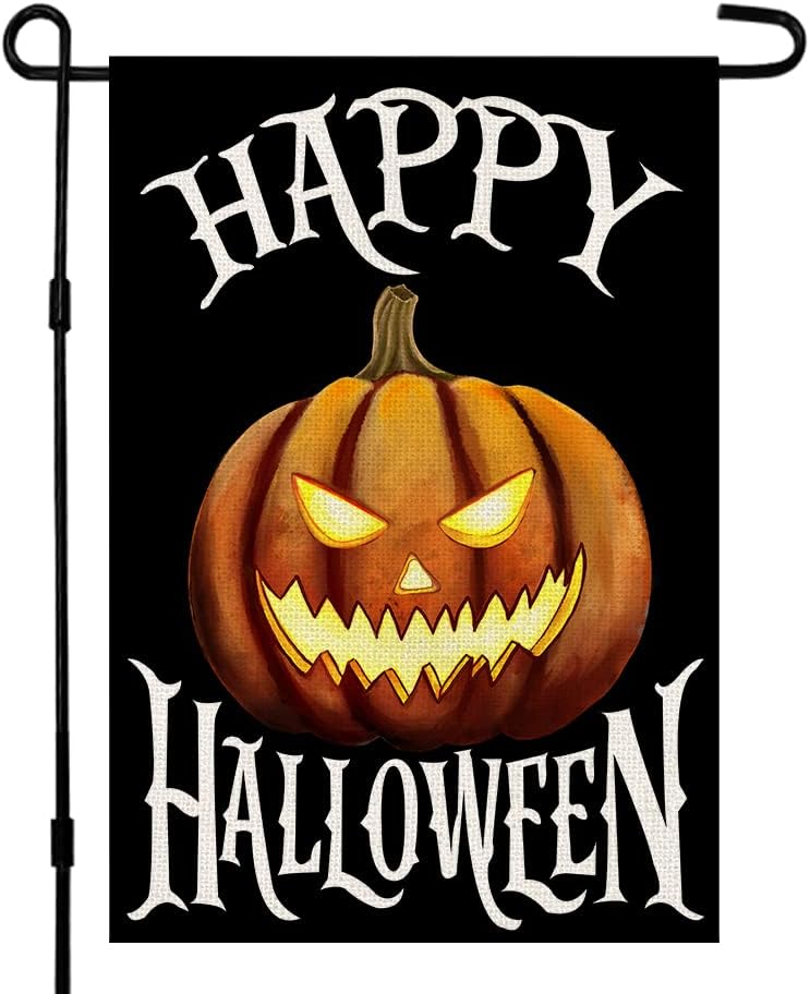 Flags - Happy Halloween Garden Flag 12 x 18 Inch Burlap Vertical Double Sided, Scary Pumpkin Holiday Yard Outdoor Decoration DF092