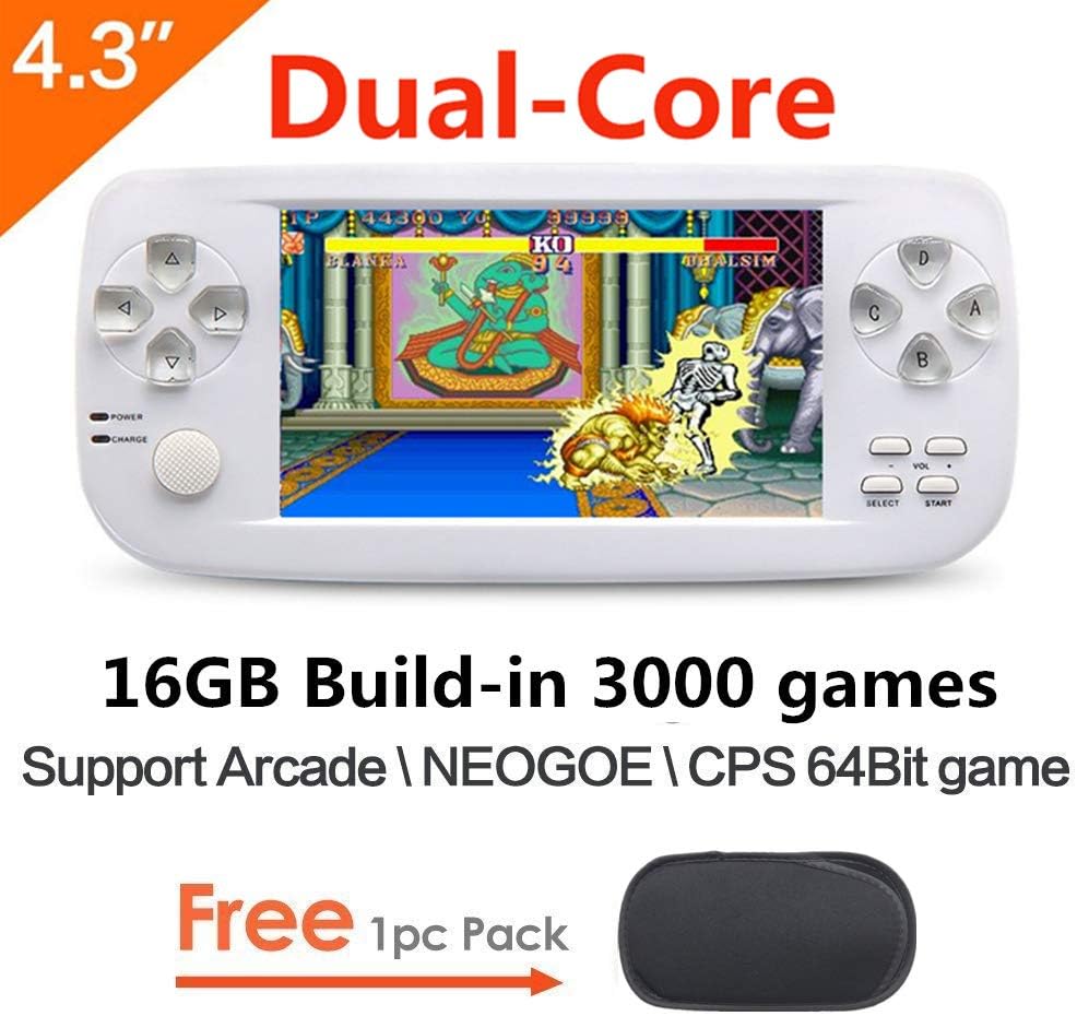CZT 16GB Dual-core 4.3 inch screen 64Bit Handheld Game Console Portable Game Console build in 3000 no-repeat game for NEOGEOCPSGBAGBCGBSFCFCMDGGSMS MP3/4 camera (White)