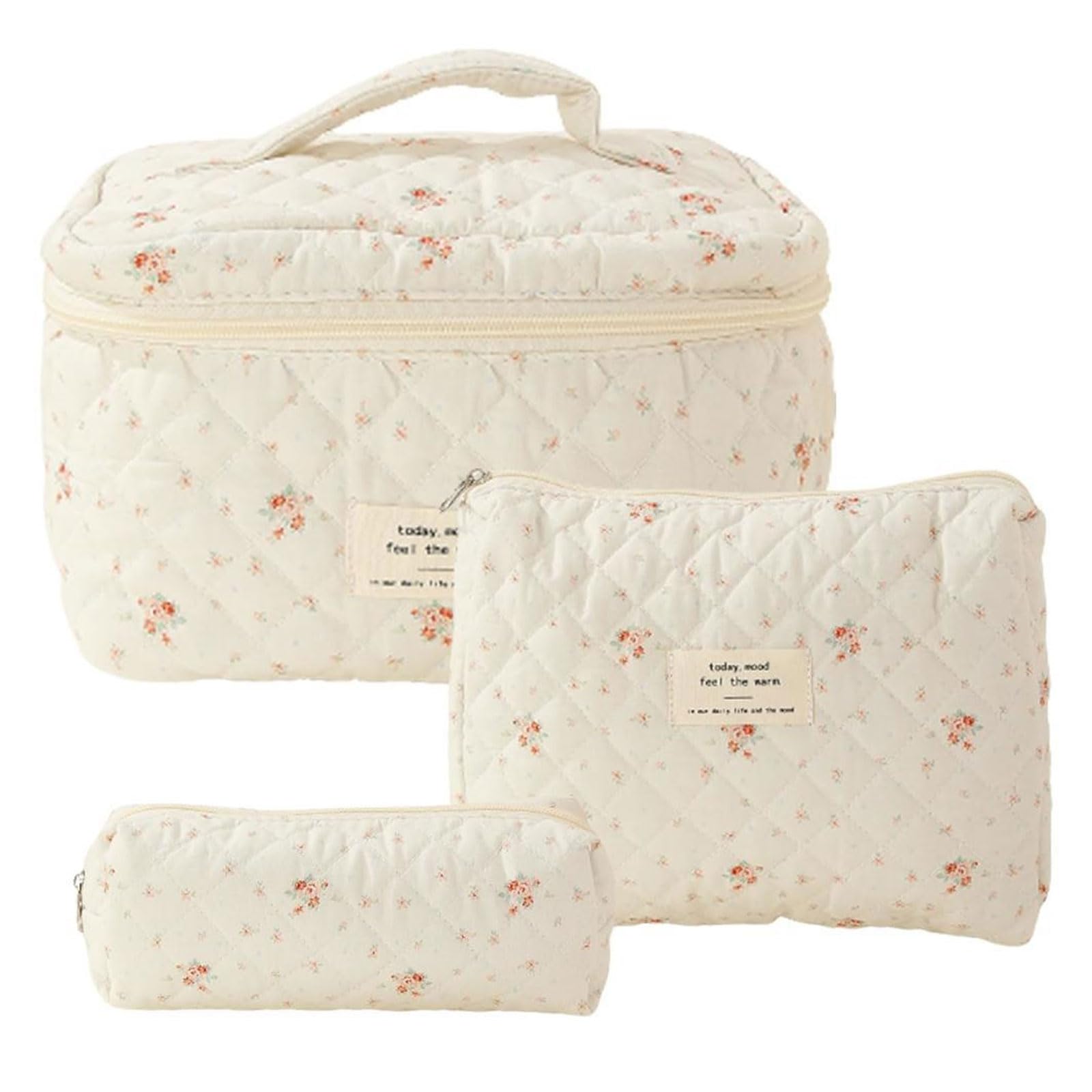 GAESHOW 3Pcs Coquette Makeup Bag, Quilted Cosmetic Bag Large Make Up Bag Set Floral Toiletry Bags, Portable Travel Floral Makeup Bag for Women Ladies Girls