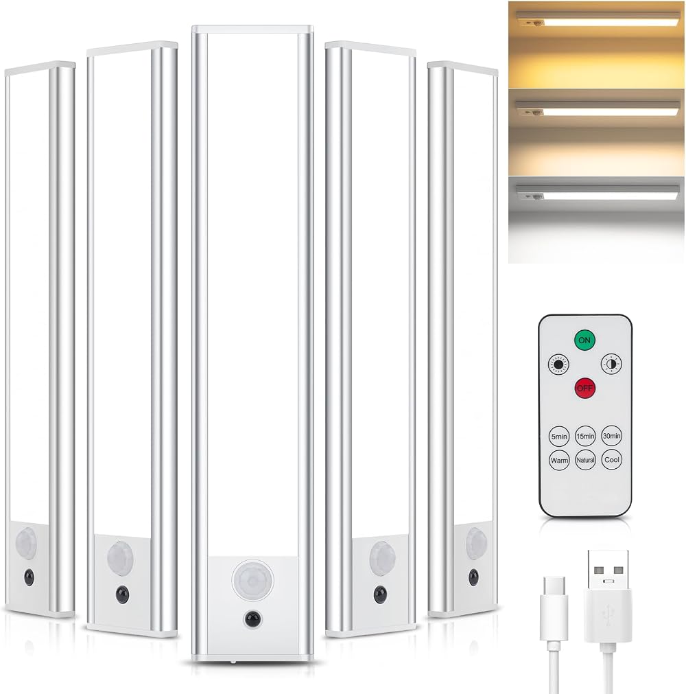 TOPPLEE Under Cabinet Lights 5 Pack with Remote 3 Color Temp 1300mAh Battery