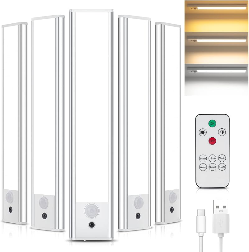TOPPLEE Under Cabinet Lights 5 Pack with Remote 3 Color Temp 1300mAh Battery