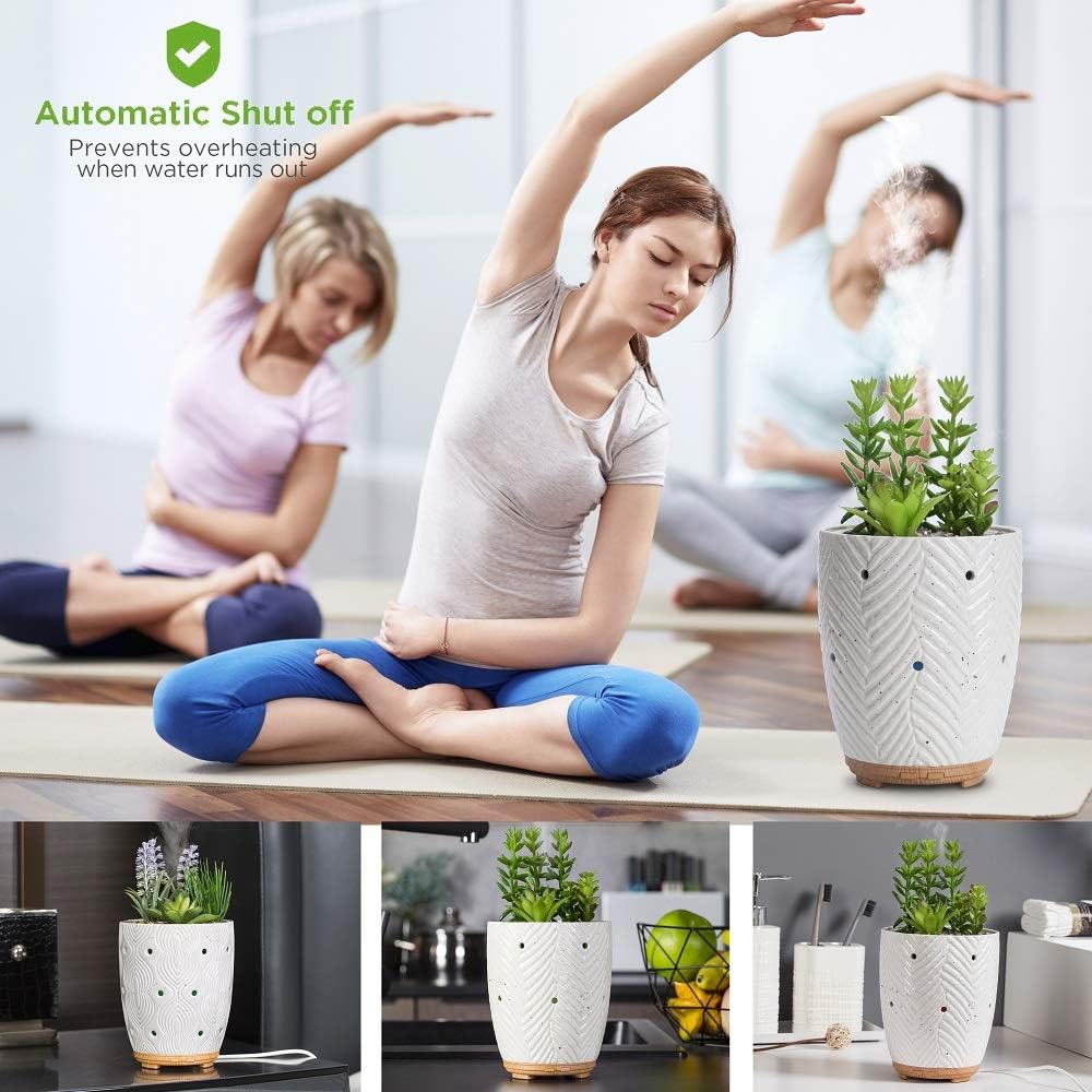 Essential Oil Diffuser, Artificial Succulent Plants Potted Diffusers for Essential Oils with 7 Colors LED Light,Ceramic Cool Mist Super Quiet Aromatherapy Diffuser for Home Office Bedroom: Kitchen & Dining