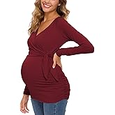 Love2Mi Maternity Shirts Long Sleeve Wrap Tie Front Side Ruched Maternity Tee Top Pregnancy Clothes Wine Red