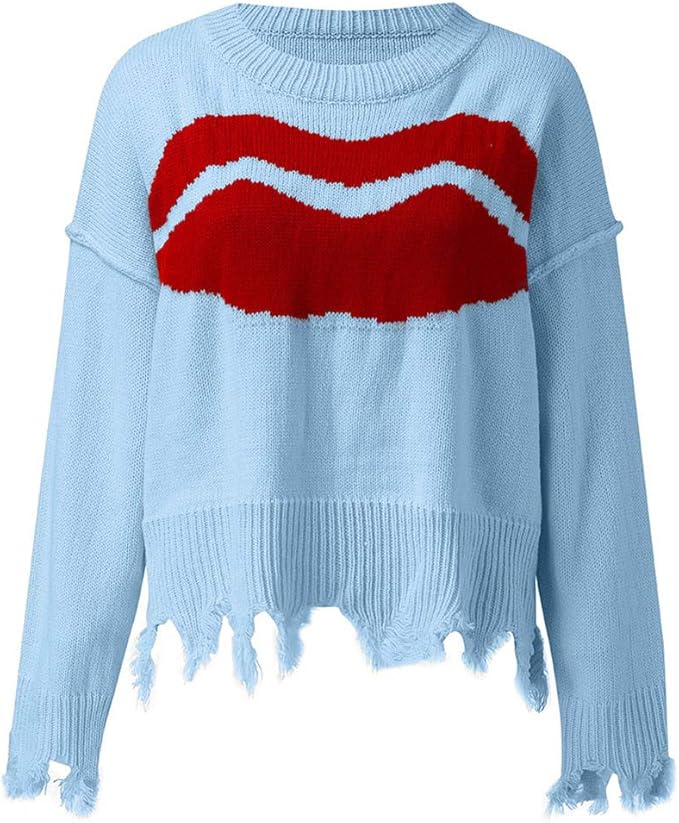 Whycat Ripped Hem Red Lips Jumper Women, Cable Knitted Jumper, Long Sleeve Pullover Jumper 