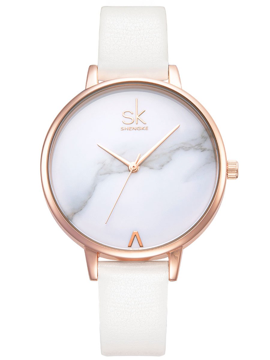 Alienwork Women's Watch Rose Gold Leather Strap White Ultra-Thin Elegant