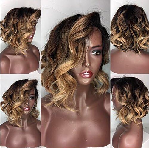 Googoo Brazilian Virgin Ombre T1b/27 Human Hair Full Lace Front Wigs Glueless Short Bob Human Hair Wigs With Baby Hair For Black Women 12inch Short Wavy Lace Wigs 150% Density
