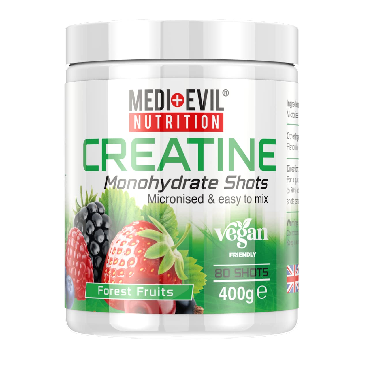 Medi-Evil Nutrition Creatine Monohydrate Shots Powder Vegan Friendly, Forest Fruit Flavour, 400g, 80 Servings, Micronised for Easy Mixing (Pack of 1 Tub)