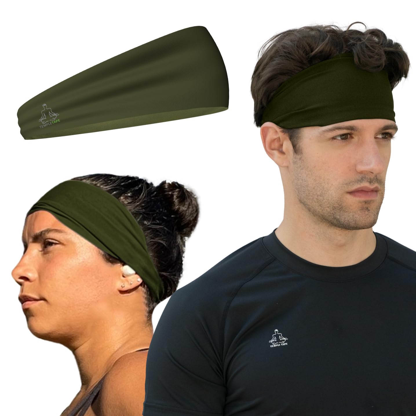 Temple Tape Headbands for Men and Women - Mens Sweatband & Sports Headband Moisture Wicking Workout Sweatbands for Running, Cross Training, Yoga and bike helmet friendly - OD Green — image 1