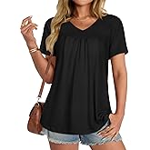 T Shirts for Women Short Sleeve Tops Casual Pleated Front Blouses V Neck Summer Tees