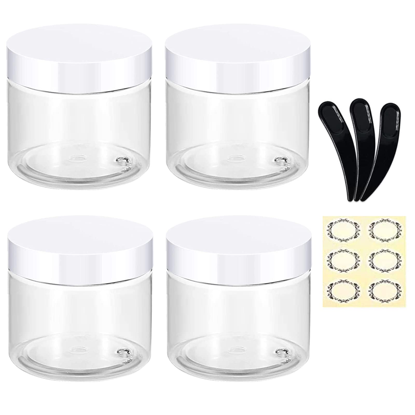Alledomain 4Pcs 120g/120ml Clear Plastic Jars with 3Pcs Mini Spatulas & Labels Round Cosmetic Sample Container with Inner Liners & White Lids for Lotions Cream Ointments Travel Makeup Beauty Storage