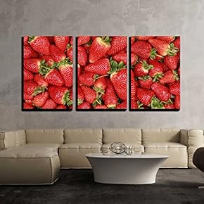 3 Piece Canvas Wall Art - Collection of Freshly Harvested Strawberries Forming a Background with Copy Space - Modern Home Art Stretched and Framed Ready to Hang - 16"x24"x3 Panels