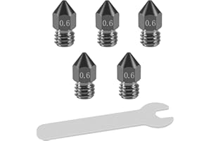 Aokin 5 Pcs 0.6mm Hardened Steel Nozzles MK8 Nozzles 3D Printer Nozzles with High Temperature Wear Resistant for Creality Ender 3/3 Pro/3 V2, Ender 5/5 Pro, CR-10/10S, Makerbot, with Flat Wrench