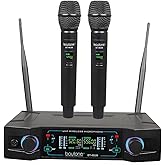 Boytone Wireless Microphone System, Dual UHF Cordless Mic Set, Long Distance 150-200Ft,16 Hours Continuous, Fixed Frequency, for Karaoke Singing, Church, Aluminum Carrying Cases, 110/220V(BT-46UM)