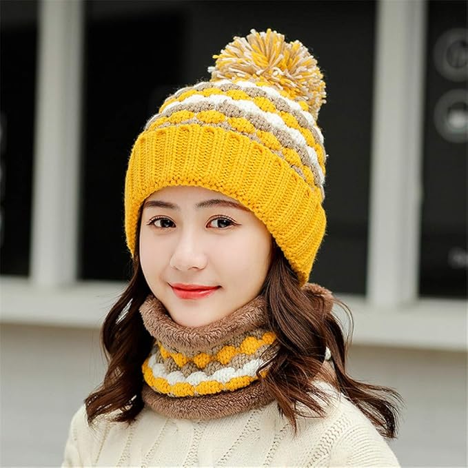Amazon 女性のための帽子とサークルスカーフセット 暖かい厚手のファッションボールビーニーハット 屋外ニット帽子 黄色 ニット 通販 Amazon 女性のための帽子とサークルスカーフセット 暖かい厚手のファッションボールビーニーハット 屋外ニット帽子 黄色 ニット 通販