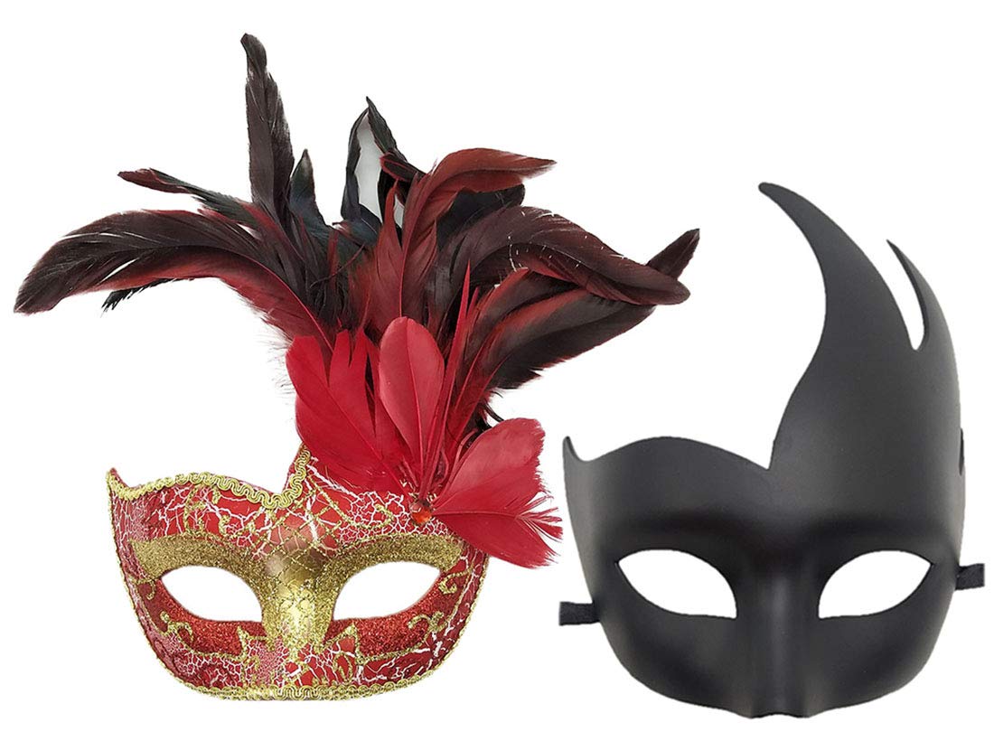 Coolwife Couple Feather Mask Masquerade Halloween Mardi Gras Cosplay Party Costume Masks (Couple A Red)