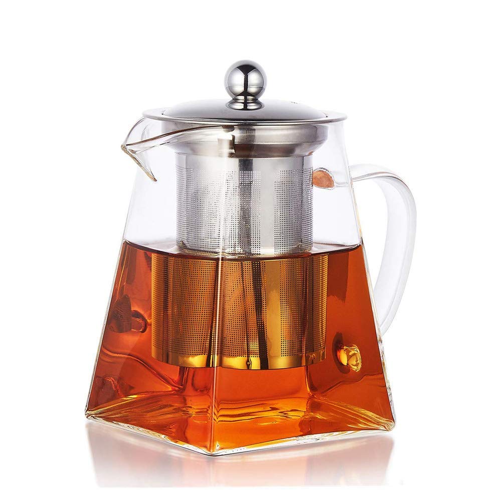 Pluiesoleil Borosilicate Glass Teapot, Loose Leaf Teapots with Infuser, Square Tea Pot with Strainer, Stovetop Microwave Safe Teapot for 2