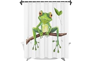 OTRANTO Cute Frog Shower Curtain Cartoon Animal Theme Leafage Green Kids White Brown Bathroom Decor Set Machine Washable Waterproof Fabric 72 x 72 Include Hooks