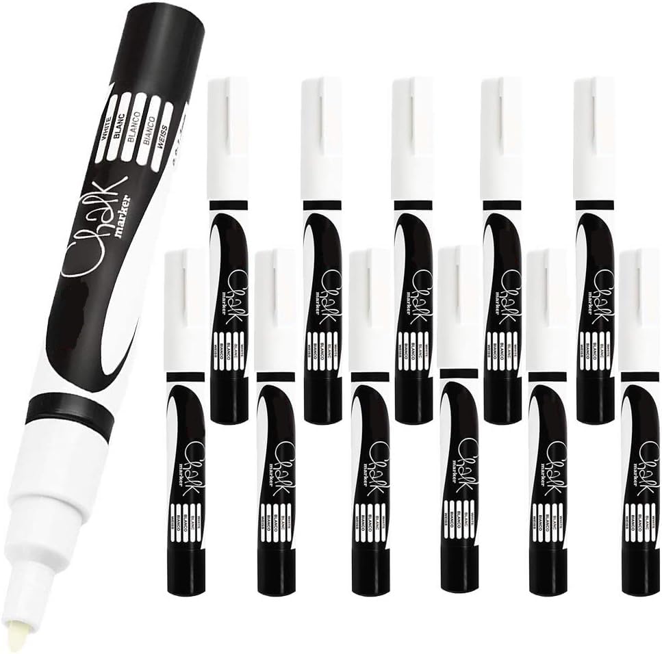 12 x Uni-Ball Wet Erase Liquid Chalk Marker Pens For Glass (Windows & Mirrors), Whiteboards, Signs And Non-Porous Blackboards (0.9-1.3mm Bullet Tip) - WHITE