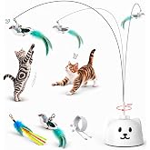 Interactive Cat Toys for Indoor Cats, 360&deg; Automatic Spin Flying Bird Wand | 8cm Suction Cup &amp; Weighted Base, Silicone-Protected Rod, USB Rechargeable with Replaceable Feather &amp; Streamer Attachments