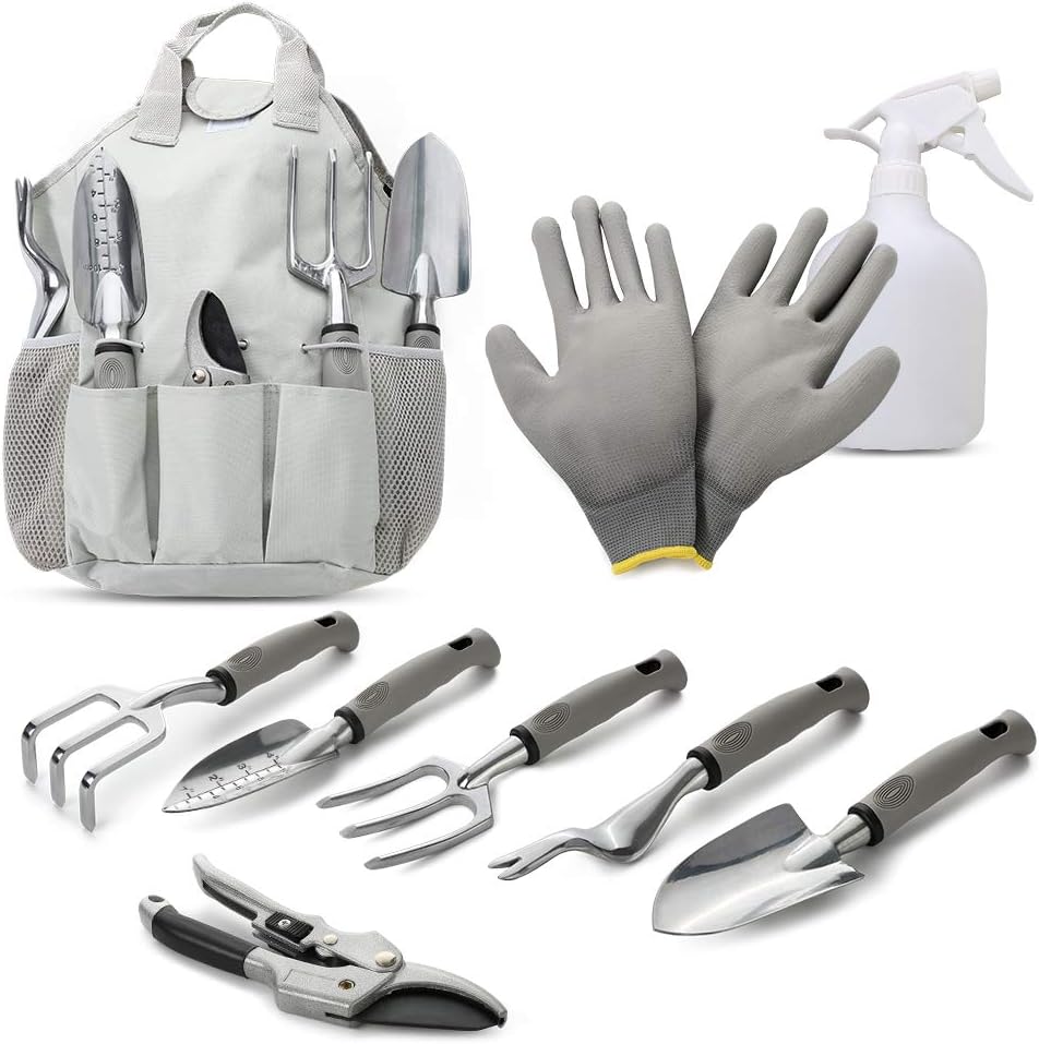 Tobargar 9 Pieces Gardening Tool Kit Heavy Duty kit Garden Set Hand Tools Planting Weeding Trimming Loosening Transplanting Gardening Hand Tools Kit with Storage Bag