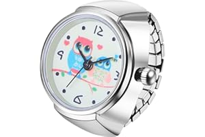 Lancardo Ring Watch for Women Men Elastic Band Analog Owl Cartoon Arabic Numerals Dial Quartz Movement Bling Silver Tone Finger Watch Teens