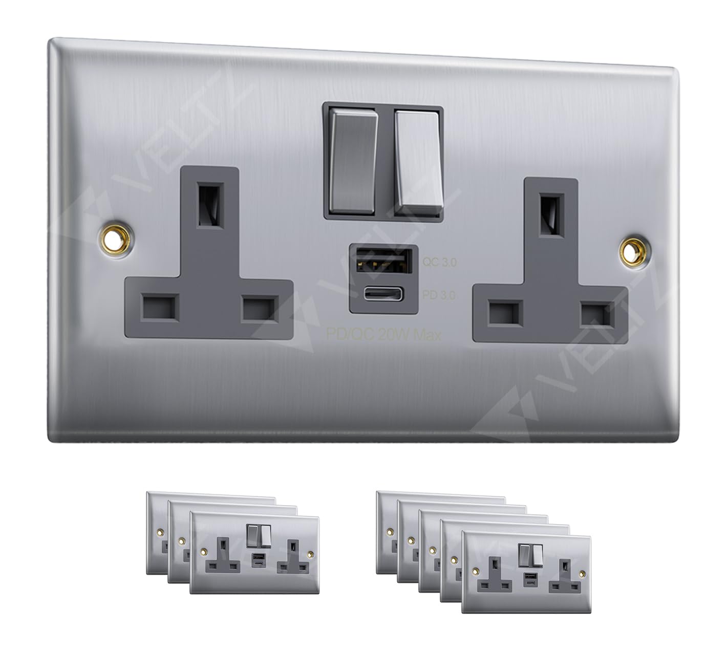 USB C Socket | 20W Super Fast Charging | PD, QC 4.0 | VELTZ Pro | Double Plug Wall Socket 13A 2 Gang | Brushed Steel (3 Pack) — image 1
