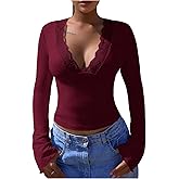 SOLY HUX Women's Lace Long Sleeve Tops Deep V Neck Tight T Shirts Going Out Outfits