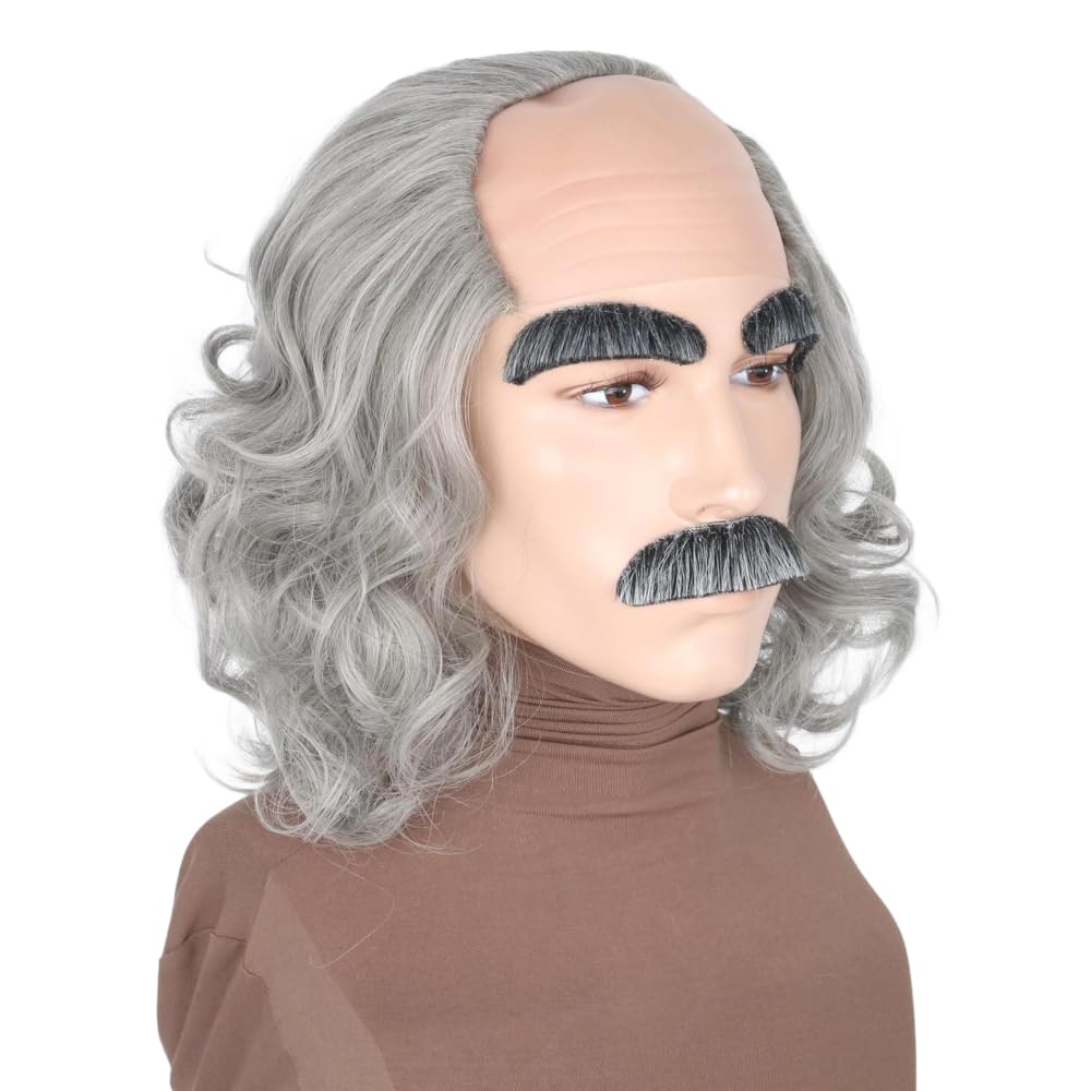 LeMarnia Grey Short Curly Old Man Bald Wig Halloween Cosplay Wig