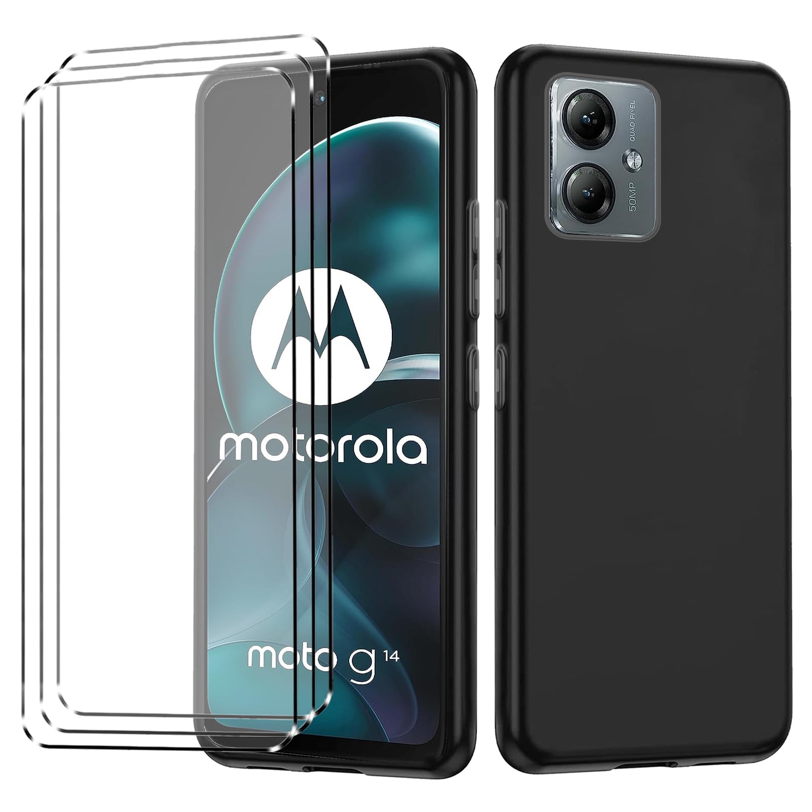 [4 in 1] Case Compatible with Motorola Mote G14 Cover with 3 Pack Tempered Glass Screen Protector for Motorola Mote G14, Slim Fit Soft TPU Shockproof Anti-Scratch Phone Case Cover - Black