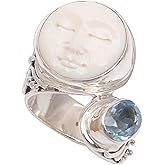 NOVICA Artisan Handmade Blue Topaz Cocktail Ring Bone Face from Bali Sterling Silver Indonesia Birthstone Gemstone [ring Front 0.6 in L x 0.6 in W x 0.3 in H Band Width 7 mm W] ' Sparkling Face'